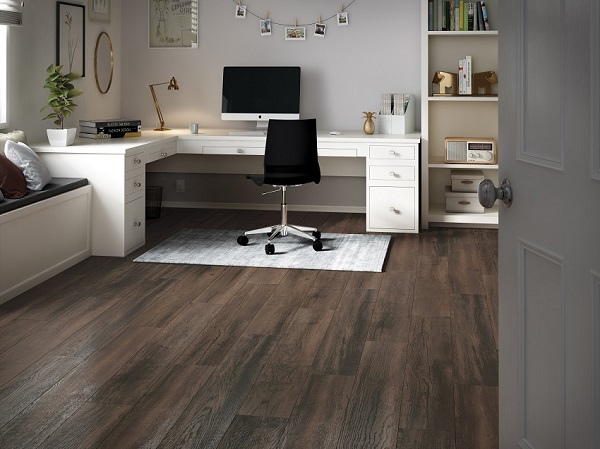 home office with dark wood floors