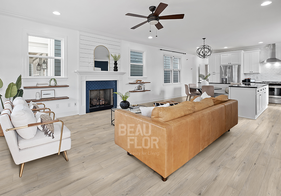 Beauflor, Innovious Curio, Tommie Elm in open concept living room, kitchen space